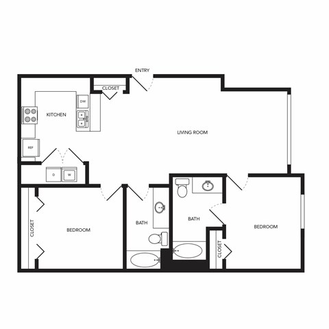 Floor plan for 2 beds, 2 baths, 1156 sqft